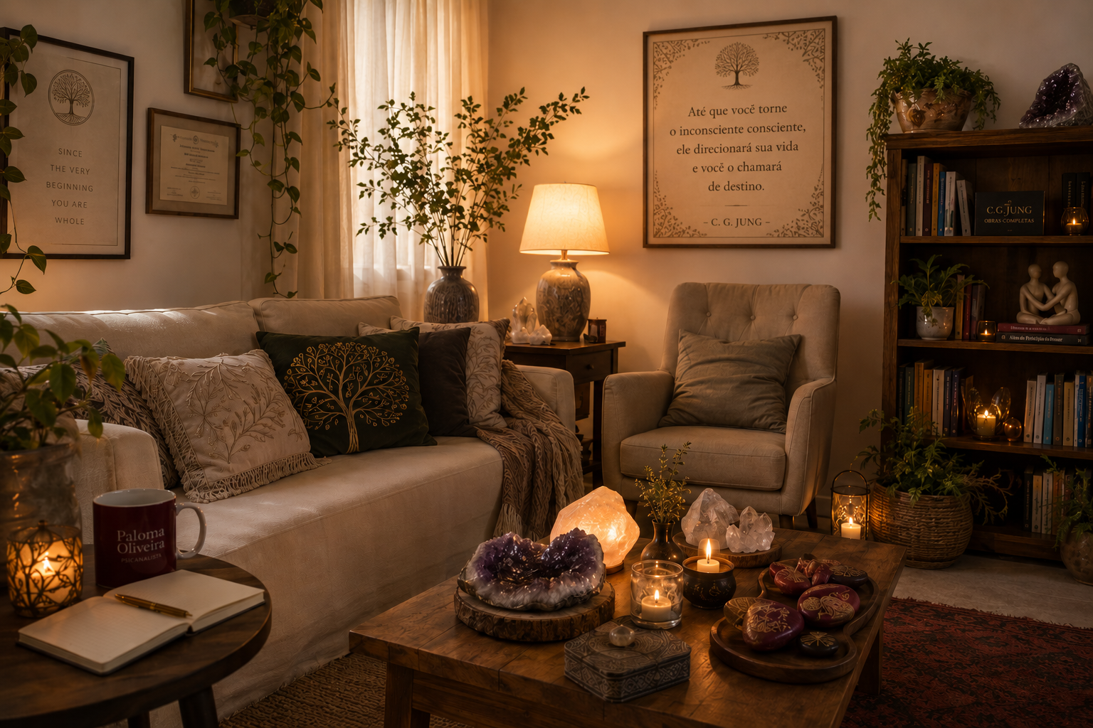 Ambiente acolhedor de trabalho, com livros, plantas e luz suave